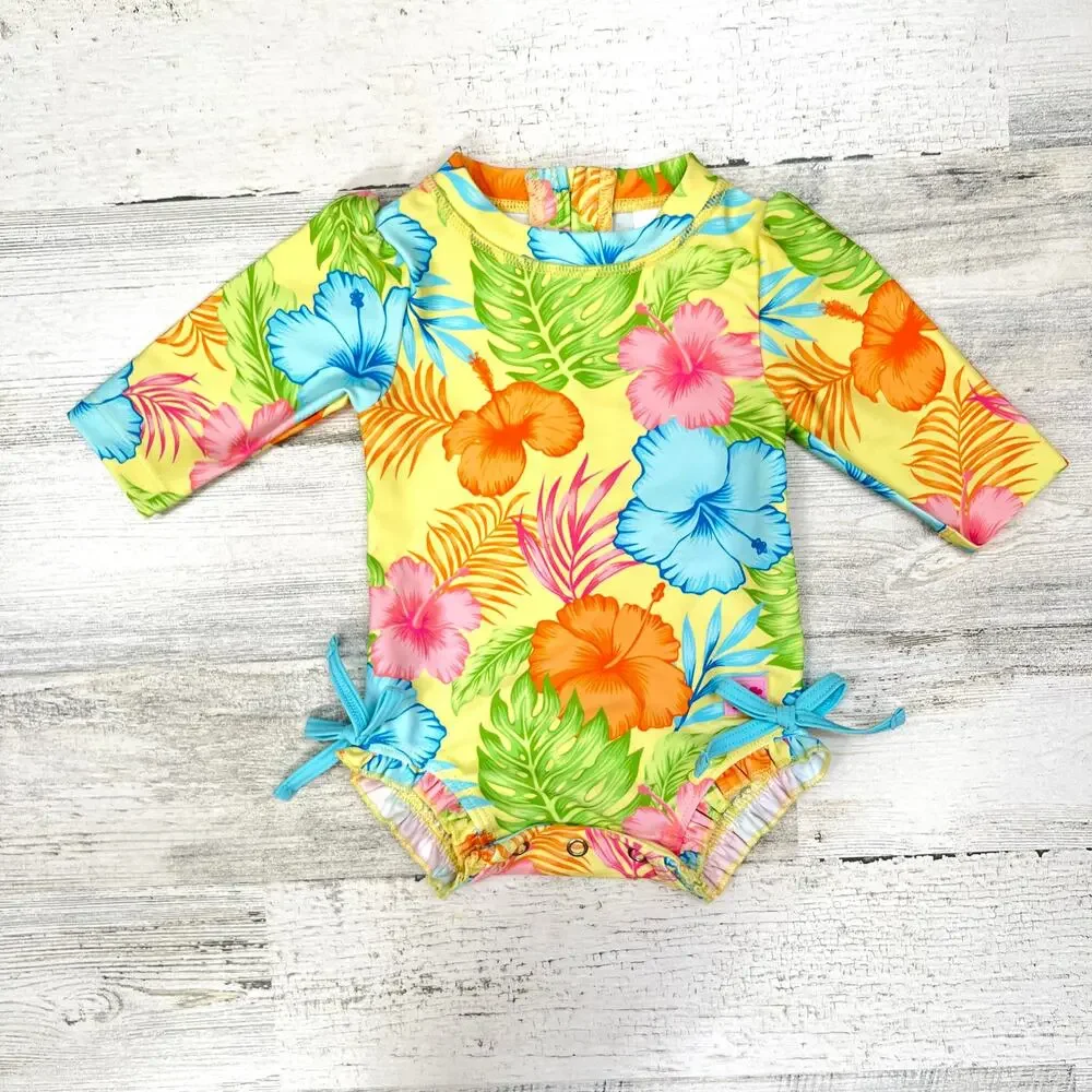 RuffleButts Rash Guard Swimsuit Baby Girl 0-3M Tropical Floral UPF50